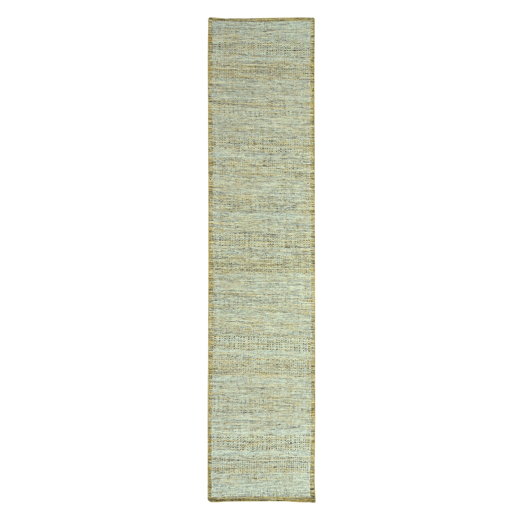 Mustard Yellow, Oxidized and Distressed Grass Design with Exposed Warps, 100% Wool, Hand Knotted, Narrow Runner, Oriental Rug